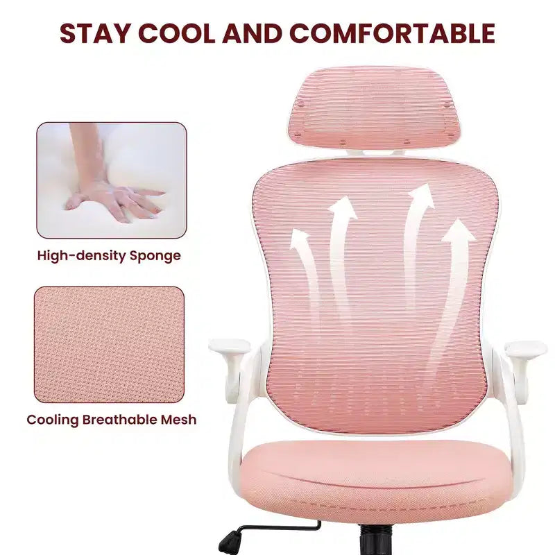 Sedia da Ufficio Ergonomica con Schienale Alto in Rete con Poggiatesta Regolabile e Braccioli Ribaltabili