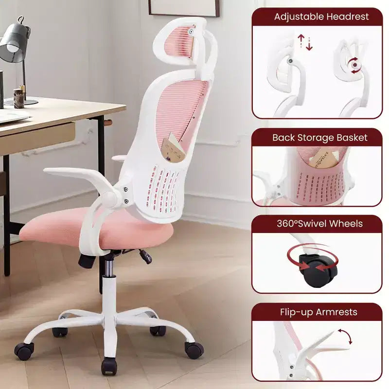 Sedia da Ufficio Ergonomica con Schienale Alto in Rete con Poggiatesta Regolabile e Braccioli Ribaltabili