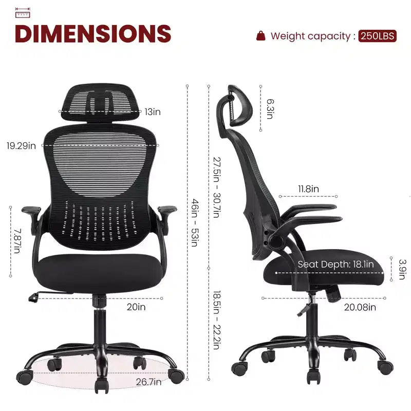 Sedia da Ufficio Ergonomica con Schienale Alto in Rete con Poggiatesta Regolabile e Braccioli Ribaltabili