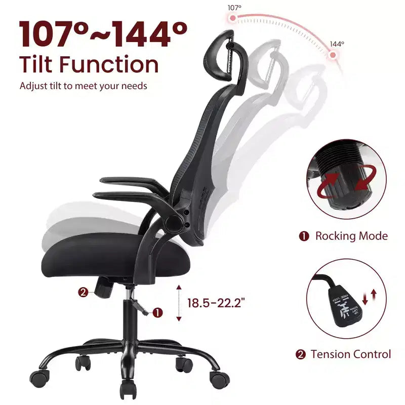 Sedia da Ufficio Ergonomica con Schienale Alto in Rete con Poggiatesta Regolabile e Braccioli Ribaltabili