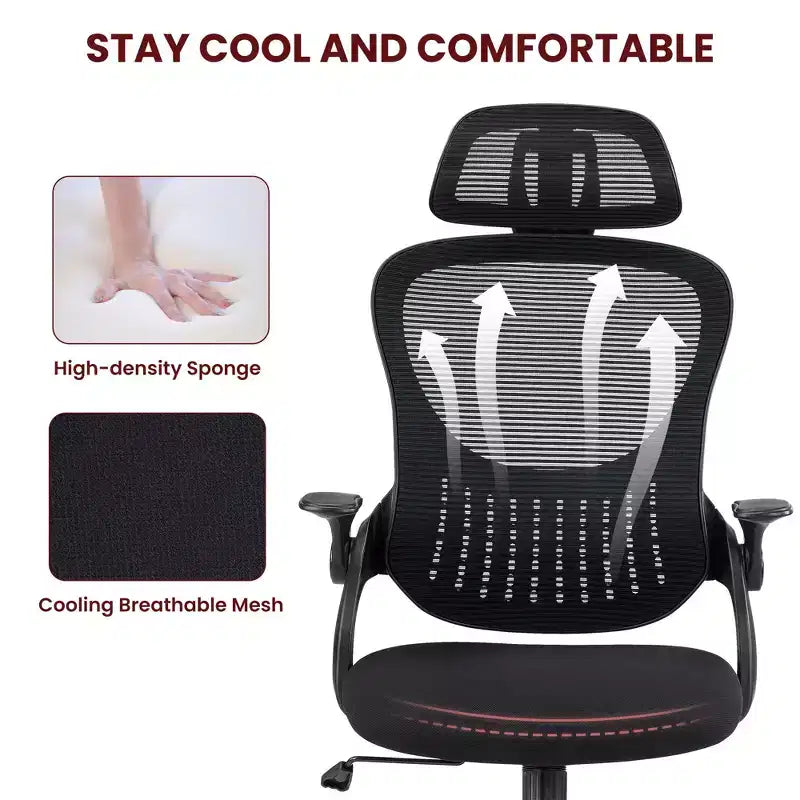 Sedia da Ufficio Ergonomica con Schienale Alto in Rete con Poggiatesta Regolabile e Braccioli Ribaltabili