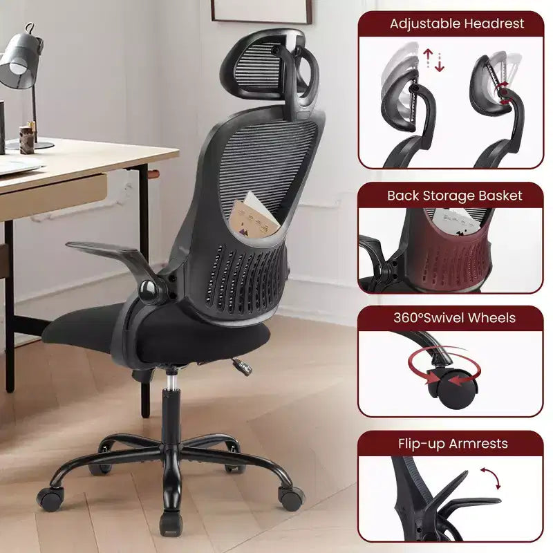 Sedia da Ufficio Ergonomica con Schienale Alto in Rete con Poggiatesta Regolabile e Braccioli Ribaltabili