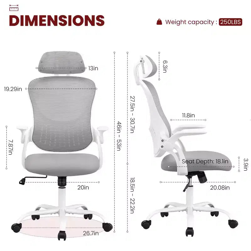 Sedia da Ufficio Ergonomica con Schienale Alto in Rete con Poggiatesta Regolabile e Braccioli Ribaltabili