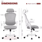 Sedia da Ufficio Ergonomica con Schienale Alto in Rete con Poggiatesta Regolabile e Braccioli Ribaltabili