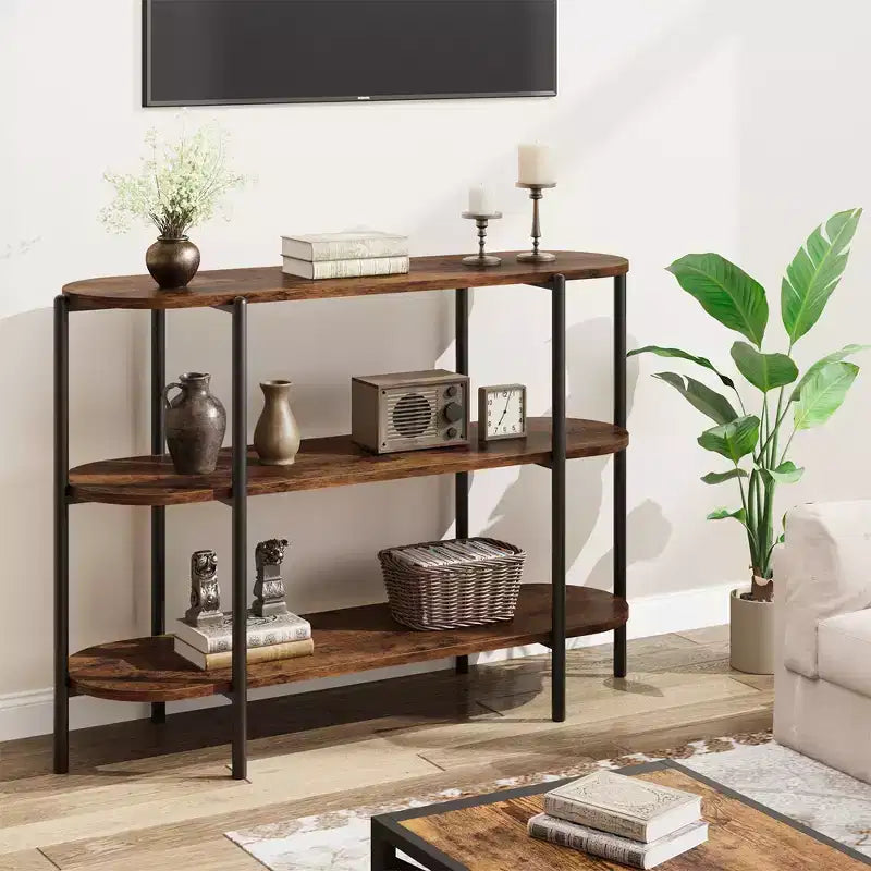 Tavolo Consolle da 120 cm con 3 Ripiani Aperti, Struttura in Metallo e Superficie in Legno