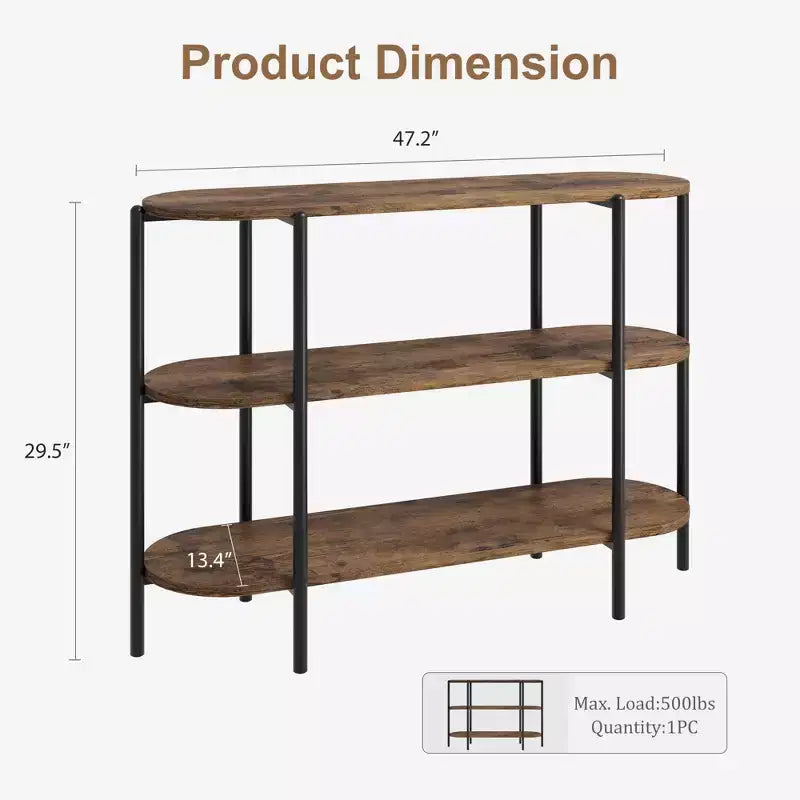 Tavolo Consolle da 120 cm con 3 Ripiani Aperti, Struttura in Metallo e Superficie in Legno