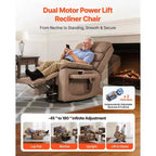 Poltrona reclinabile Power Lift, doppio motore, media larghezza, con funzione di calore e massaggio, regolazione infinita della posizione, marrone