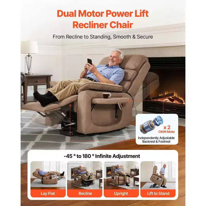 Poltrona reclinabile Power Lift, doppio motore, media larghezza, con funzione di calore e massaggio, regolazione infinita della posizione, marrone