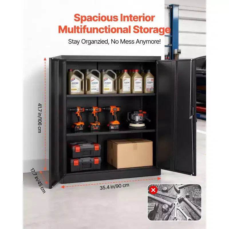 Armadio Metallico, Armadio da Garage in Acciaio da 106 cm con 2 Ripiani Regolabili, 2 Ante Magnetiche e 2 Chiavi, Armadio Porta Utensili a 3 Livelli con Serratura, Nero