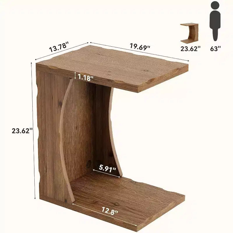 Tavolino a C con ripiano contenitore – Legno massello, Marrone Rustico