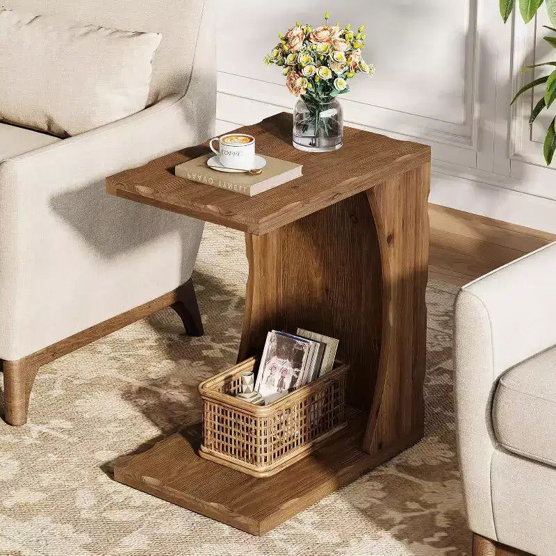 Tavolino a C con ripiano contenitore – Legno massello, Marrone Rustico
