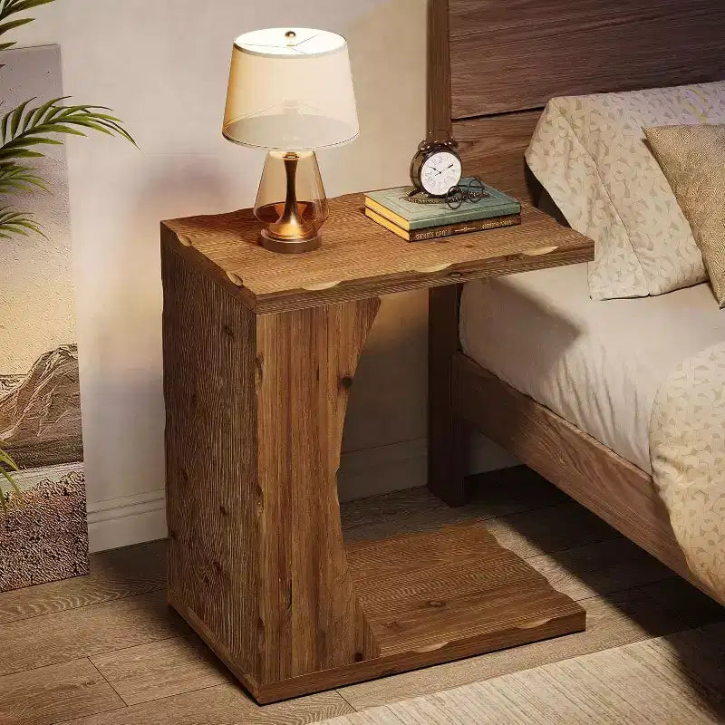 Tavolino a C con ripiano contenitore – Legno massello, Marrone Rustico