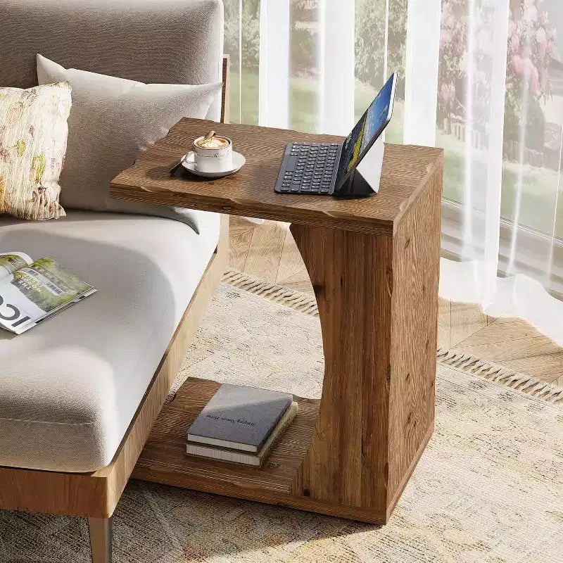 Tavolino a C con ripiano contenitore – Legno massello, Marrone Rustico