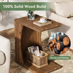 Tavolino a C con ripiano contenitore – Legno massello, Marrone Rustico