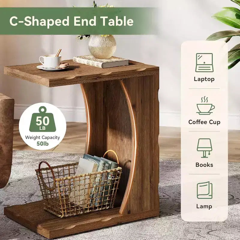 Tavolino a C con ripiano contenitore – Legno massello, Marrone Rustico