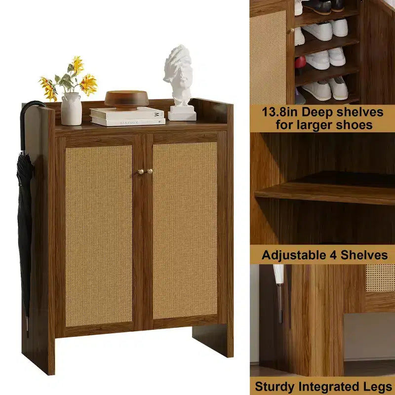 Scarpiera alta 108 cm con ante in rattan – Mobiletto a 6 ripiani regolabili, Noce
