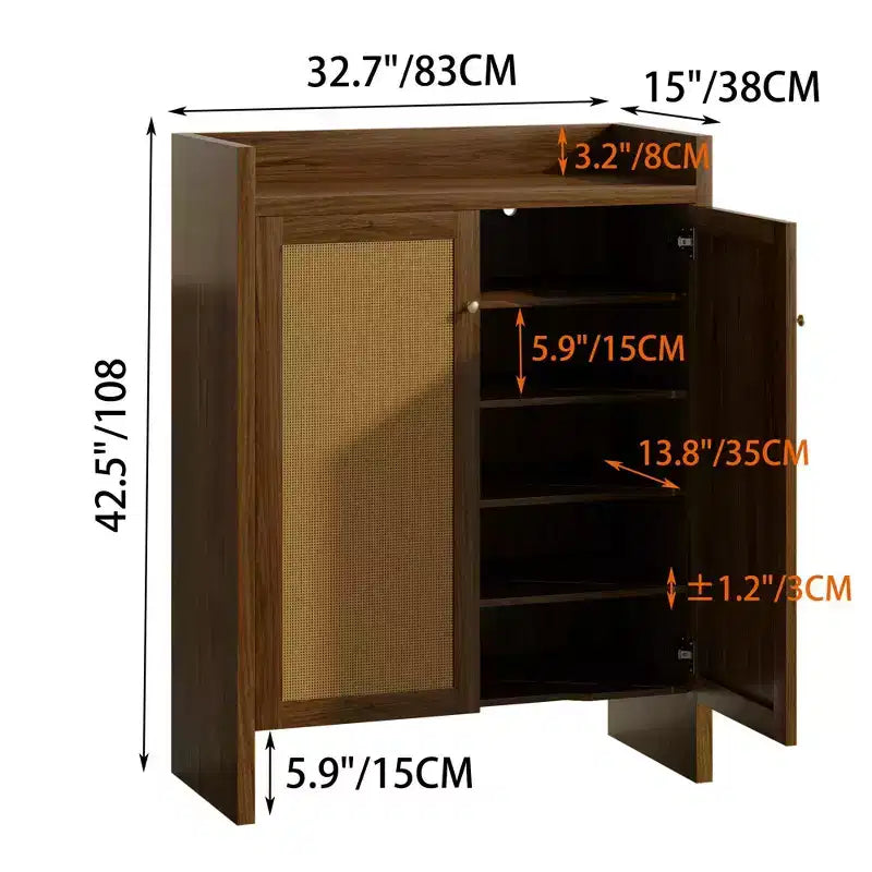 Scarpiera alta 108 cm con ante in rattan – Mobiletto a 6 ripiani regolabili, Noce