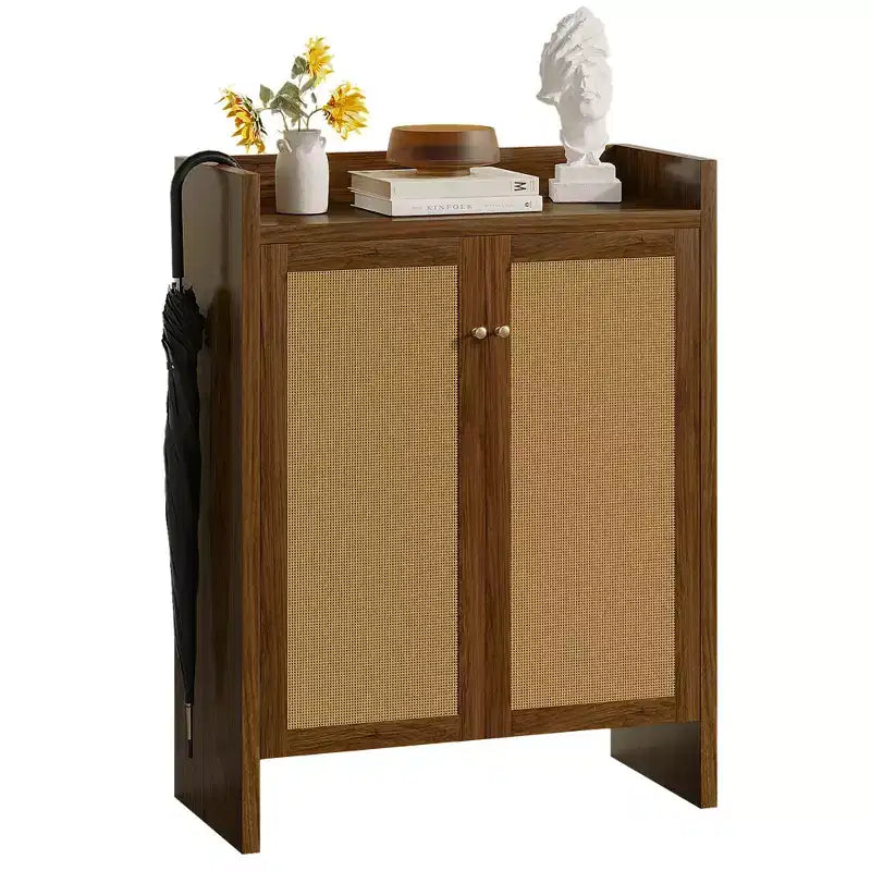 Scarpiera alta 108 cm con ante in rattan – Mobiletto a 6 ripiani regolabili, Noce