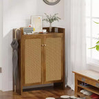 Scarpiera alta 108 cm con ante in rattan – Mobiletto a 6 ripiani regolabili, Noce
