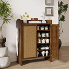Scarpiera alta 108 cm con ante in rattan – Mobiletto a 6 ripiani regolabili, Noce