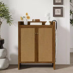 Scarpiera alta 108 cm con ante in rattan – Mobiletto a 6 ripiani regolabili, Noce