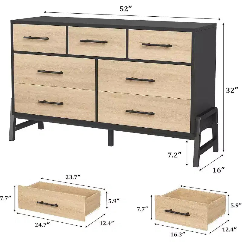 Comò a 7 cassetti con base aperta e piano, legno MDF, 132 cm L x 41 cm P x 81 cm H