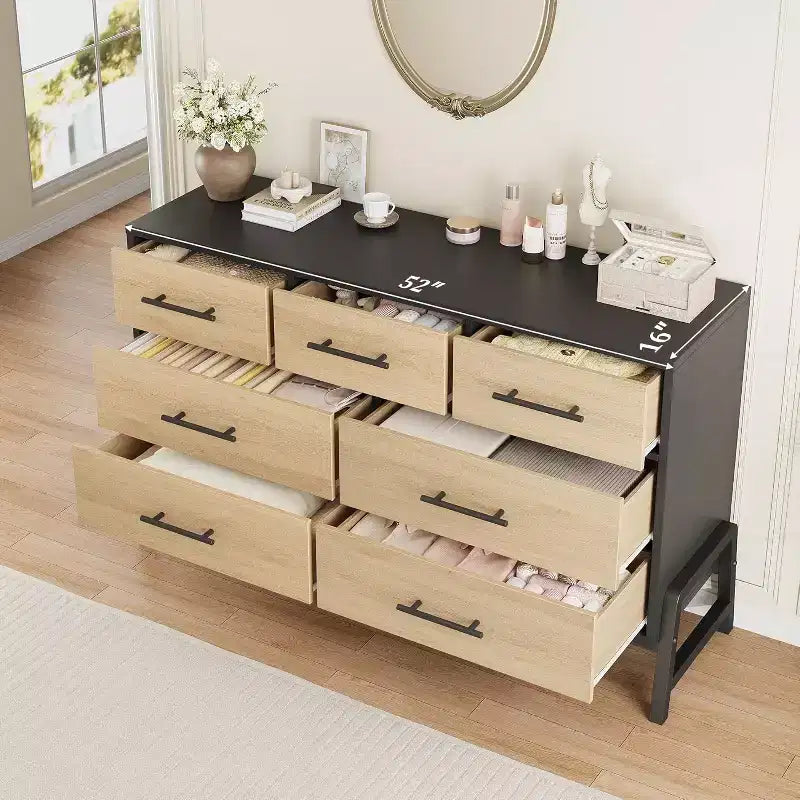 Comò a 7 cassetti con base aperta e piano, legno MDF, 132 cm L x 41 cm P x 81 cm H