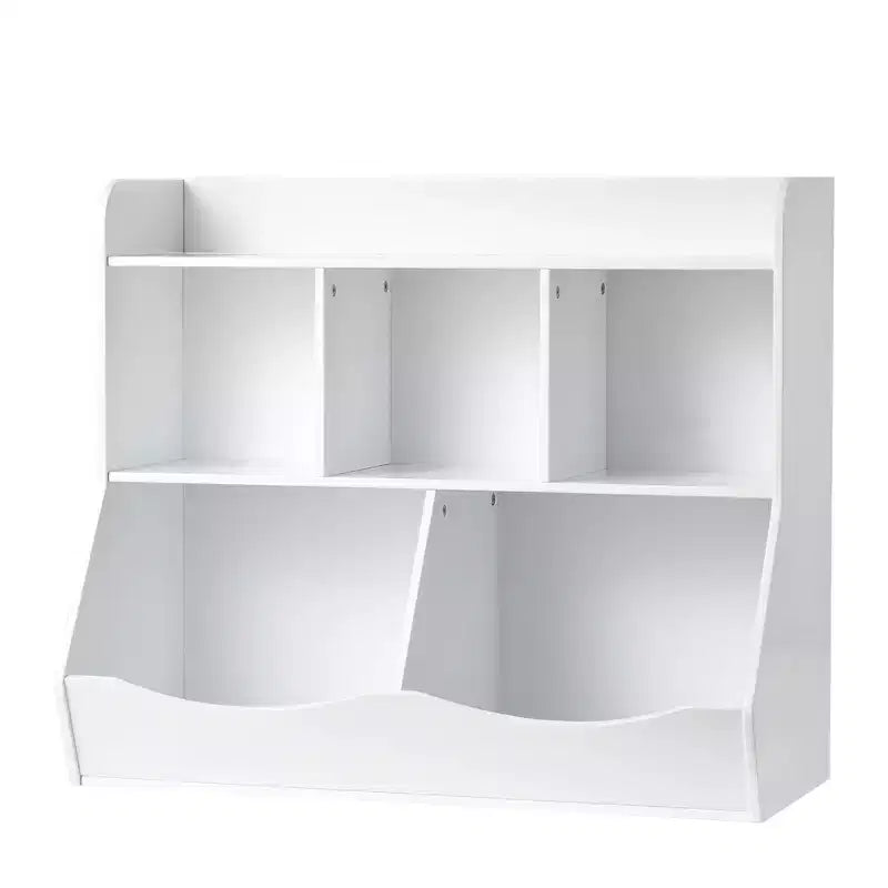 Unità di stoccaggio giocattoli in legno a 5 scomparti con libreria, bianca
