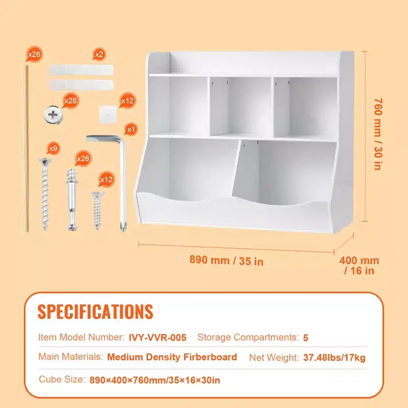 Unità di stoccaggio giocattoli in legno a 5 scomparti con libreria, bianca