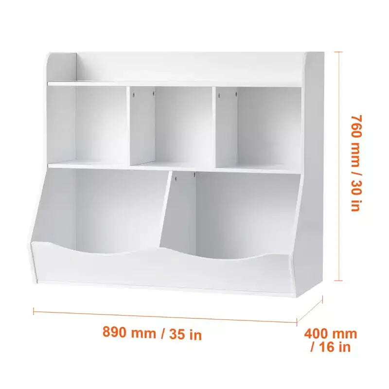 Unità di stoccaggio giocattoli in legno a 5 scomparti con libreria, bianca