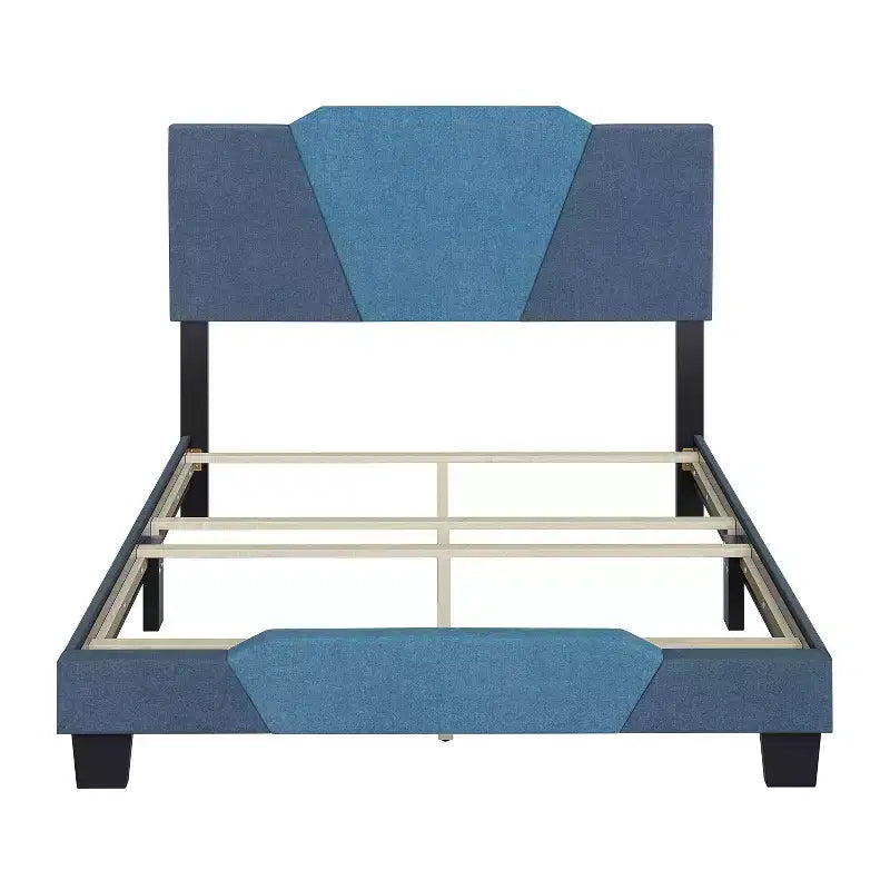 Letto a piattaforma in lino di dimensioni standard con testiera a forma di diamante – Blu
