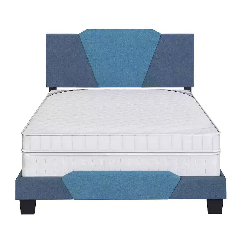 Letto a piattaforma in lino di dimensioni standard con testiera a forma di diamante – Blu