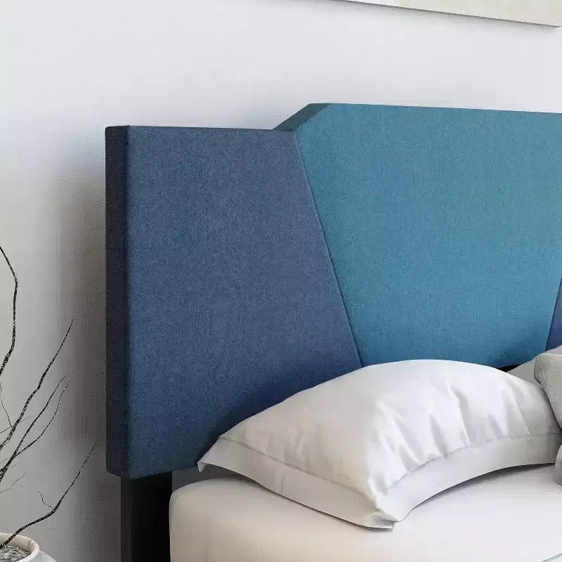 Letto a piattaforma in lino di dimensioni standard con testiera a forma di diamante – Blu