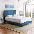 Letto a piattaforma in lino di dimensioni standard con testiera a forma di diamante – Blu