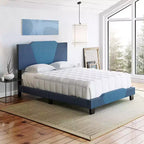 Letto a piattaforma in lino di dimensioni standard con testiera a forma di diamante – Blu