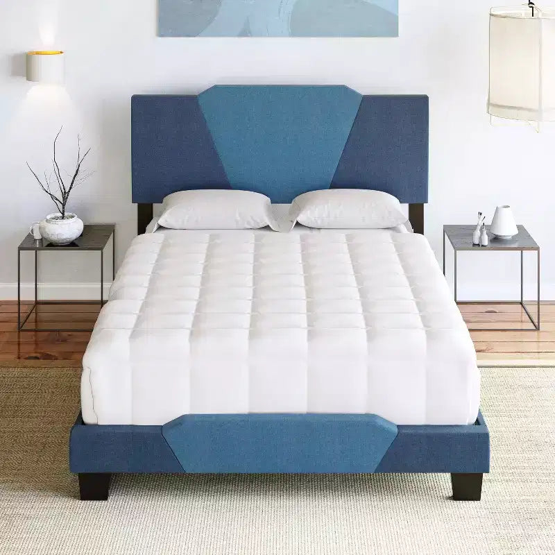 Letto a piattaforma in lino di dimensioni standard con testiera a forma di diamante – Blu