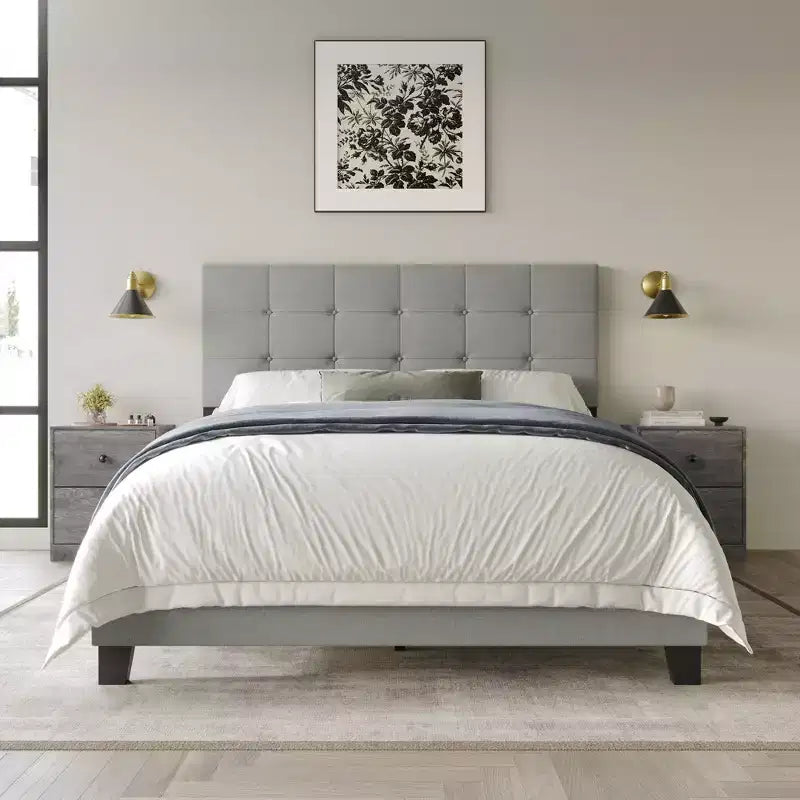 Letto a pannello con 2 comodini, grigio