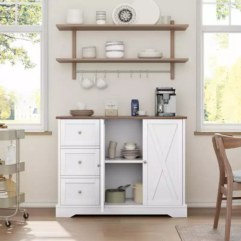 Credenza a buffet con contenitore, mobile bar per caffè con 3 cassetti, credenza per cucina, sala da pranzo, soggiorno, bianca