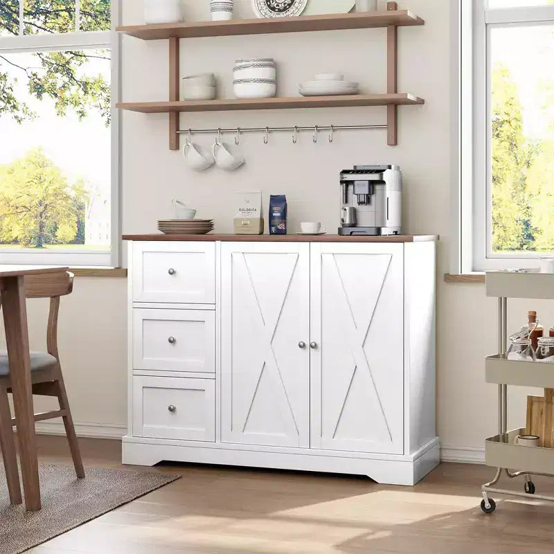 Credenza a buffet con contenitore, mobile bar per caffè con 3 cassetti, credenza per cucina, sala da pranzo, soggiorno, bianca