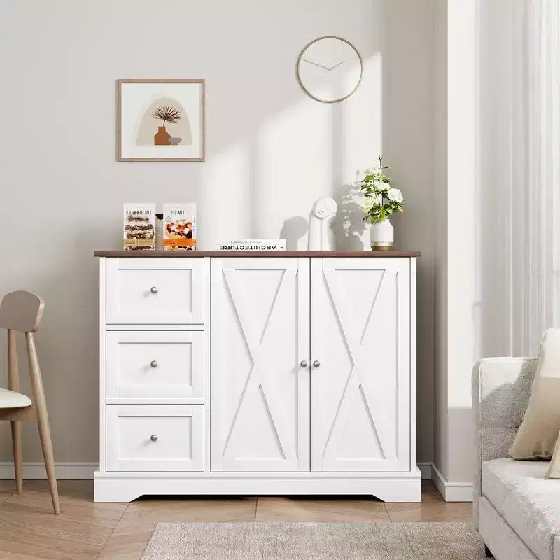 Credenza a buffet con contenitore, mobile bar per caffè con 3 cassetti, credenza per cucina, sala da pranzo, soggiorno, bianca