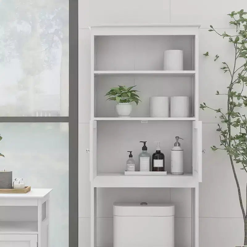Mobiletto da bagno sopra il WC con 2 ripiani aperti e armadietto a due ante