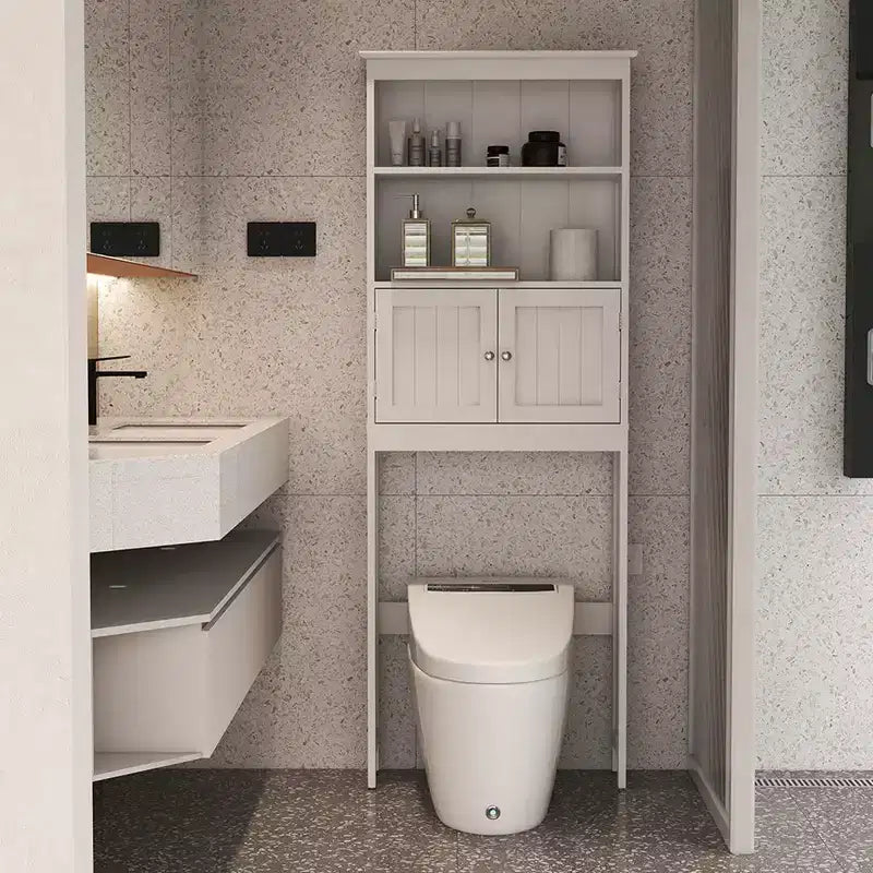 Mobiletto da bagno sopra il WC con 2 ripiani aperti e armadietto a due ante