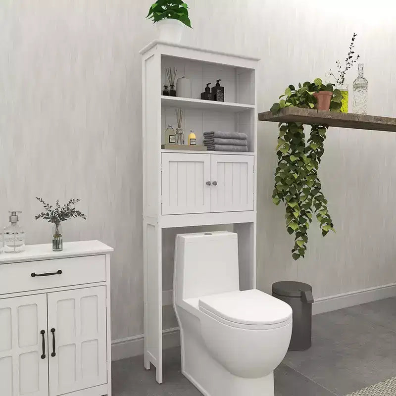 Mobiletto da bagno sopra il WC con 2 ripiani aperti e armadietto a due ante